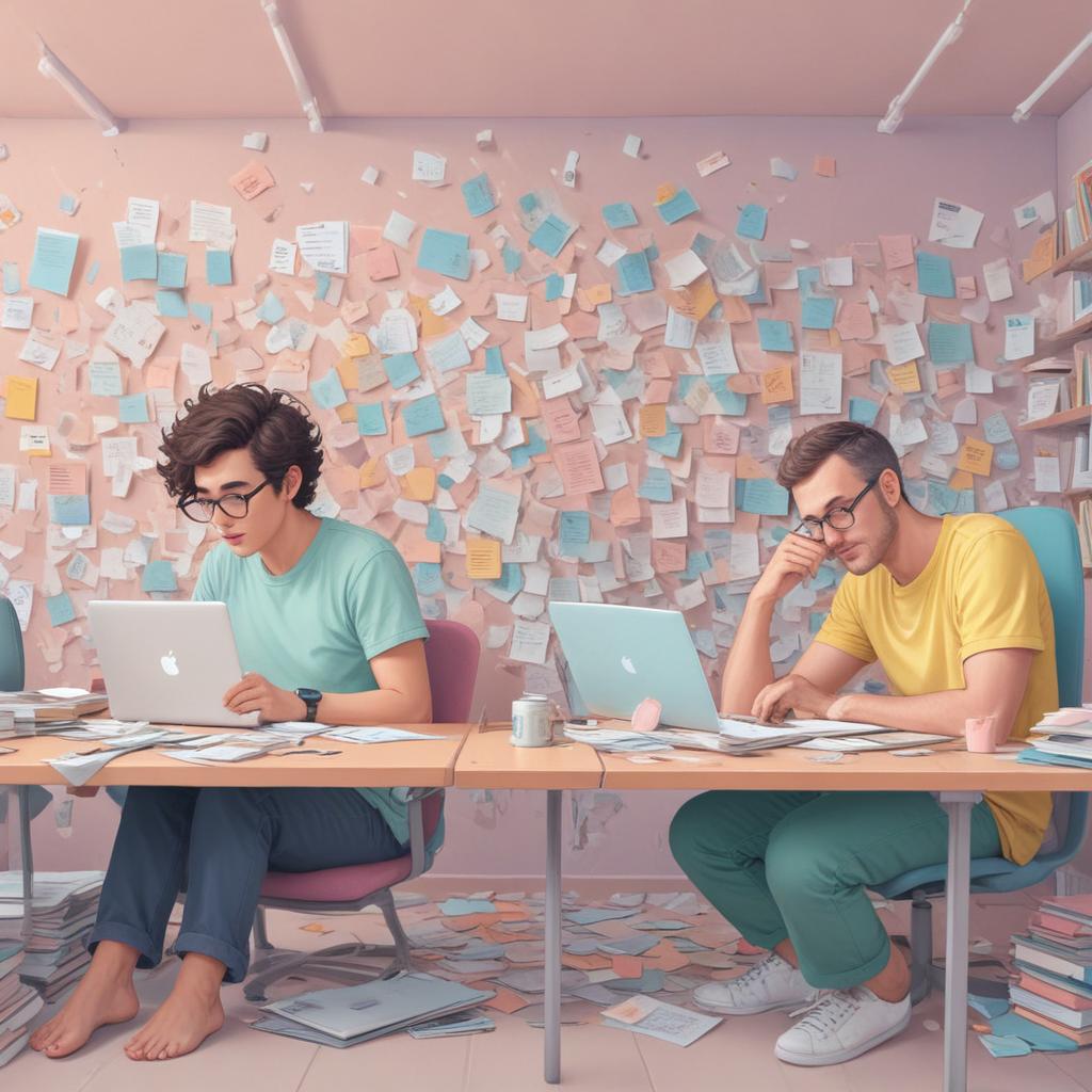 Split illustration comparing a busy freelancer overwhelmed with messages versus a relaxed freelancer doing creative work