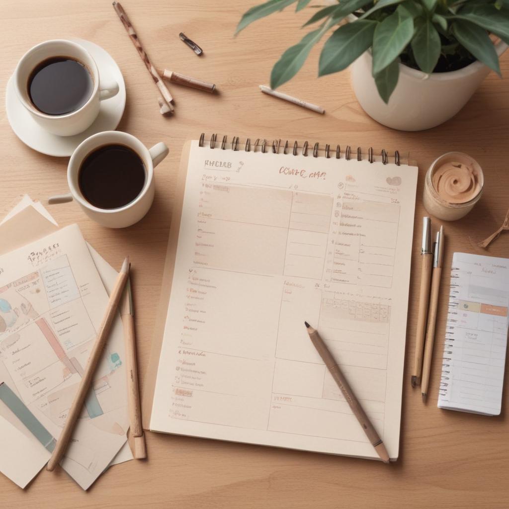 Daily schedule planner with coffee and craft supplies illustration