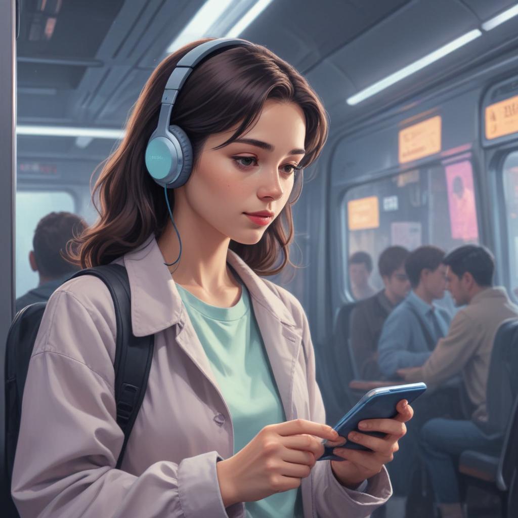 A commuting listener wearing earbuds looking at a podcast show notes page on their phone with a glowing AI chat button
