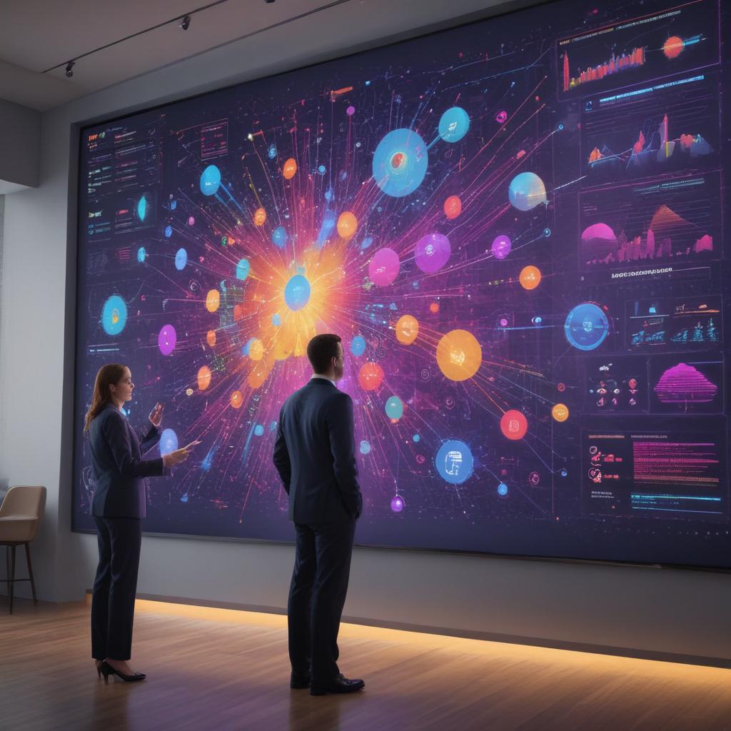 A business professional reviewing AI conversation analytics on a large screen with colorful data visualizations
