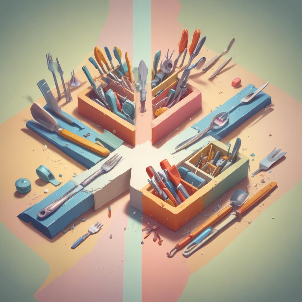 Two different paths diverging from a fork: one leading to a toolbox representing tools, the other leading to a creative studio representing a platform