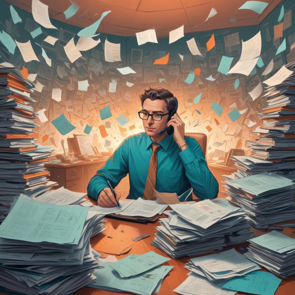 Illustration of an insurance agent overwhelmed with repetitive questions
